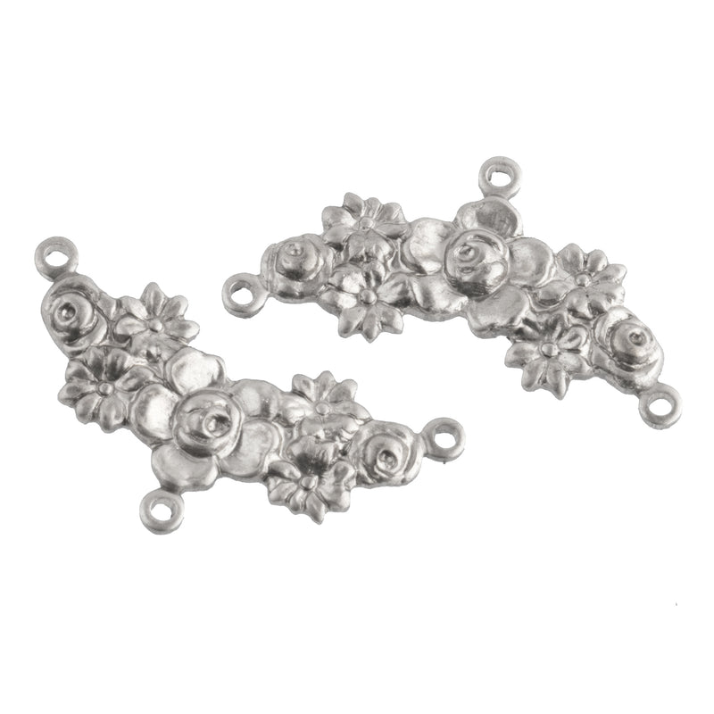 Sterling silver plated stamped brass 3 ring connector in floral garland motif. 26mm x 10mm. Pkg. of 2.