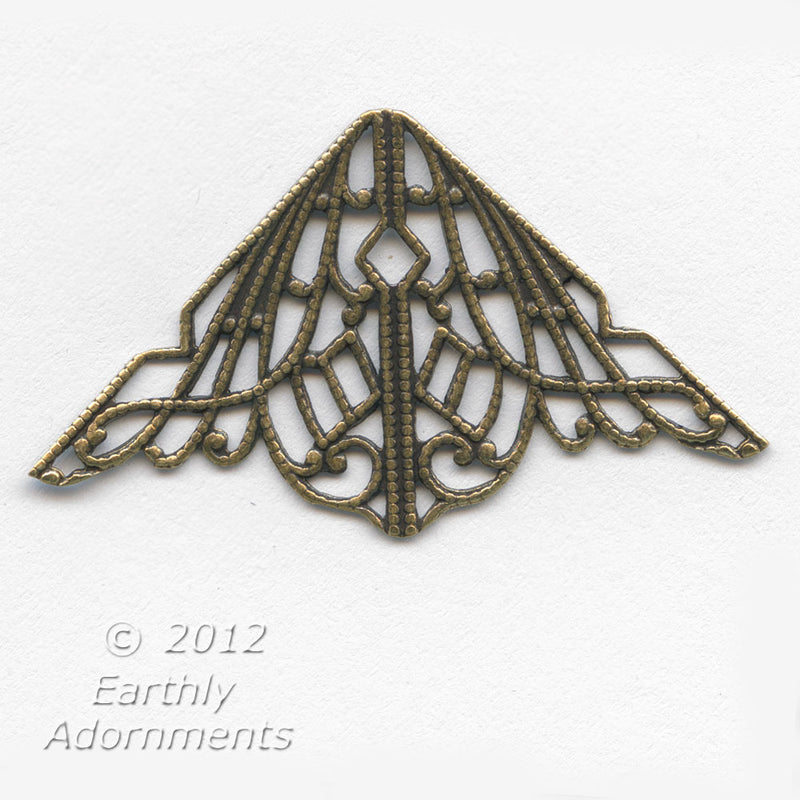 Raw stamped brass filigree triangle 32mm x 32mm x 39mm Pkg. of 1.