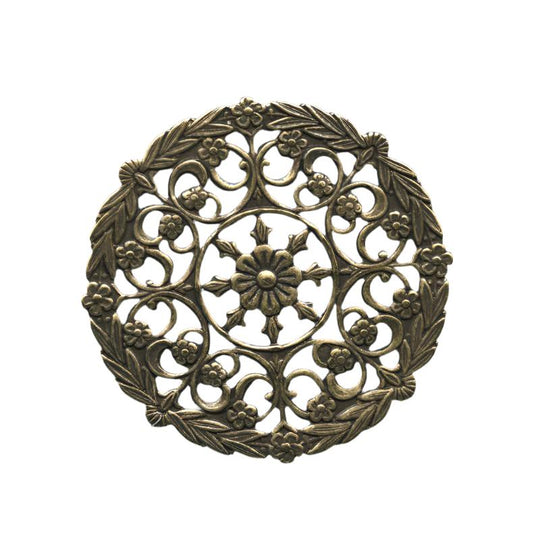 Antique finish gold plate stamped filigree round disk, 35mm, Pkg. of 1. B9-0839