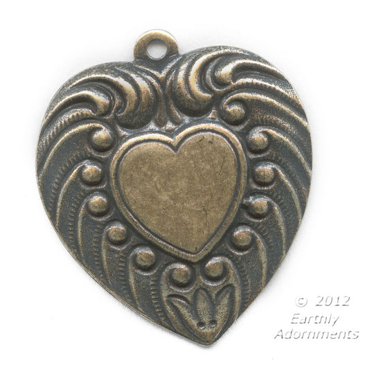 Brass Victorian heart stamping. 15mm Pkg. of 1. b9-0840(e)