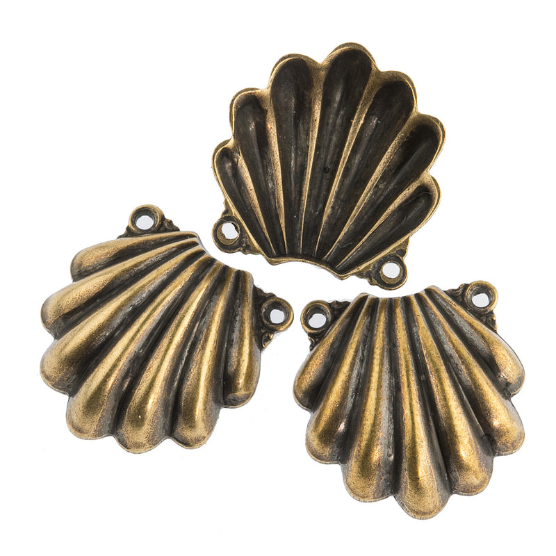 Oxidized brass 2 ring seashell connector.  17mm. pkg of 2.