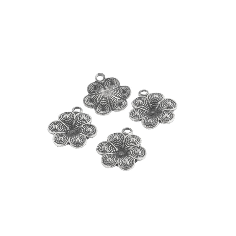 Vintage silver plated stamped brass flower charm. 10mm Pkg. of 10.
