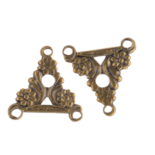 Vintage stamped brass flat back triangular 3 ring connector.12mm Pkg. of 6. b9-0883(e)