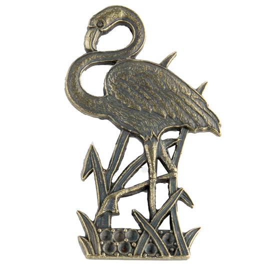 Vintage antiqued brass flamingo with rhinestone setting. Smooth back. Pkg. of 1. b9-0889