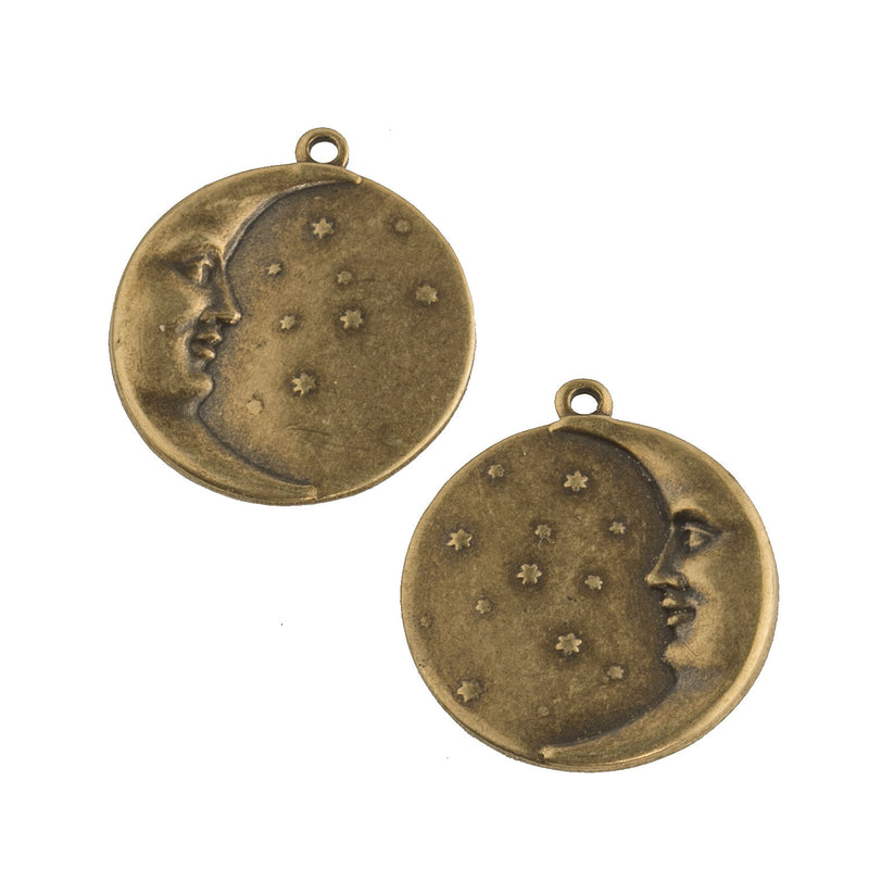Brass man on the moon charms. 17mm 1 Pair.