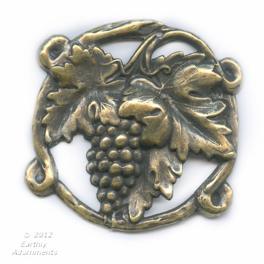 Vintage oxidized brass grapevine repoussé stamping 50mm, pkg of 1. b9-0912(e)