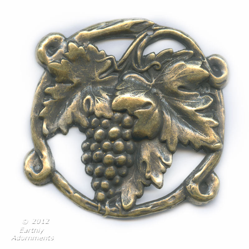 Vintage oxidized brass grapevine repoussé stamping 50mm, pkg of 1. 