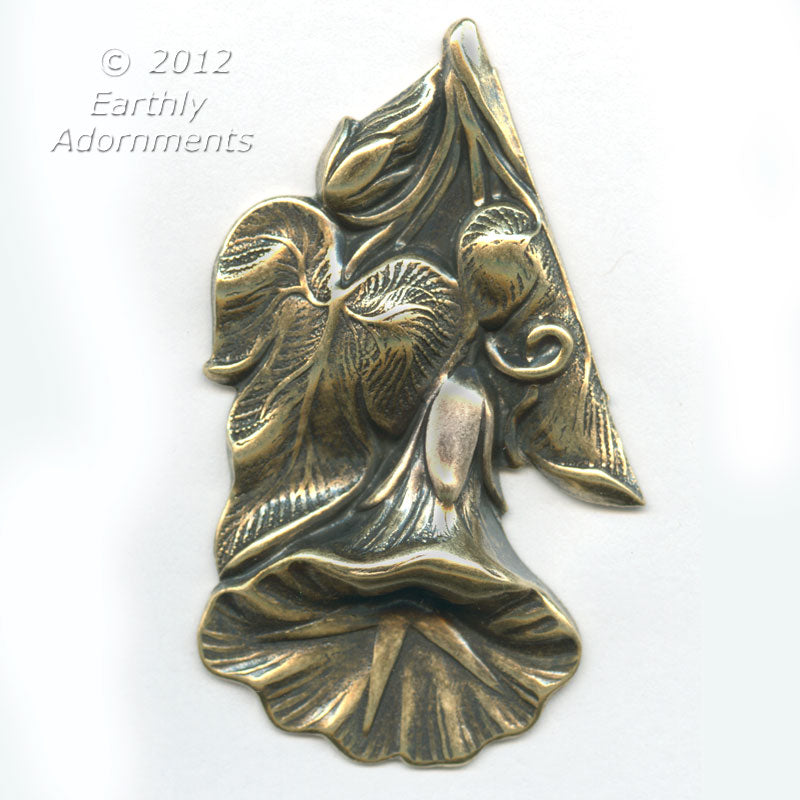 Oxidized brass floral stamping 50X30mm, pkg of 1
