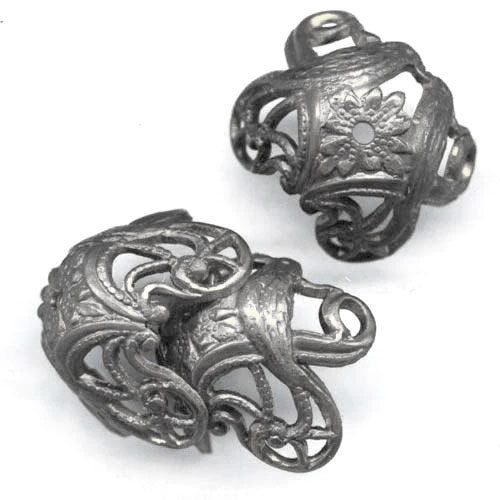 Silver plated stamped brass Art Nouveau style lovebird adjustable bead cap 15x10mm outer dimension. Package of 2. 