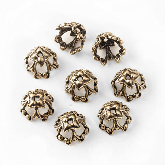 Solid oxidized brass ornate bead cap 10x8mm outer dimension. Package of 4. b9-0920(e)
