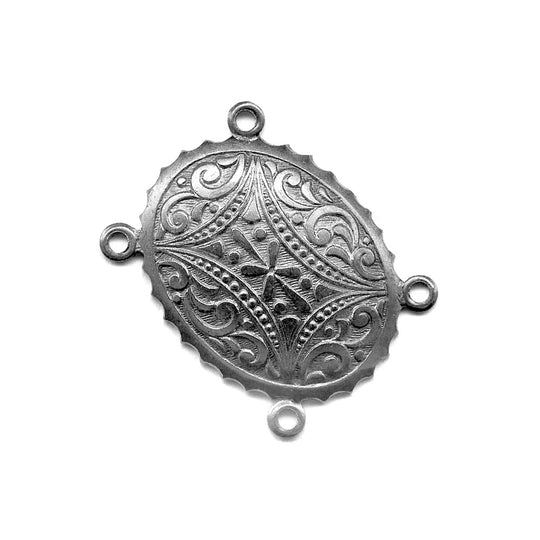 Vintage stamped silver plated copper oval with 4 rings. 24x19mm. Pkg of 1. b9-0934s