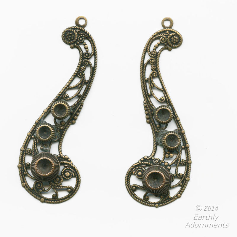 Vintage brass filigree curved pendant with 3 stone settings 55x18mm 1 pair. 