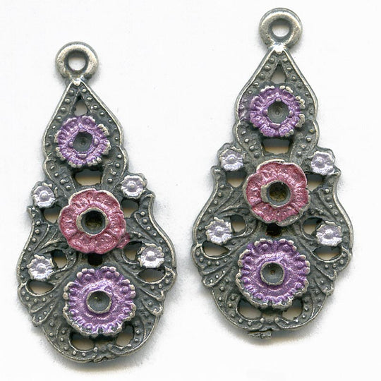 Vintage silver metal and enamel flower pendant with 3 settings 30x12mm pkg of 1. b9-0943(e)
