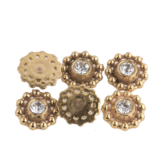 Vintage Molded Brass Circular Charm or Sew-On with Bezel-Set Rhinestone. 10mm with 3.5mm Rhinestone. Pkg. of 6. b9-0990