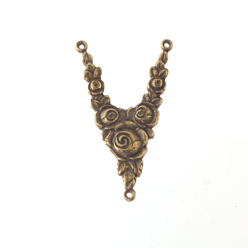 Vintage cast brass V-shaped 3-ring lavalier connector, 30x15mm. Pkg1.  b9-0994