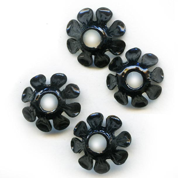 Vintage black enamel daisy bead cap 10x5mm pkg of 6.