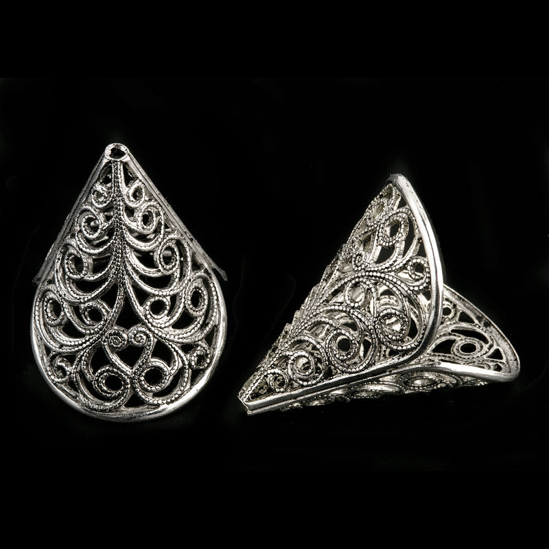 Vintage sterling silver plated brass filigree cone 23x21mm 2 pcs. 