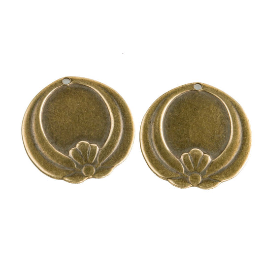 Vintage stamped brass Japanese ornamental lotus design disk charm. 20mm. Pkg of 6. b9-2056(e)