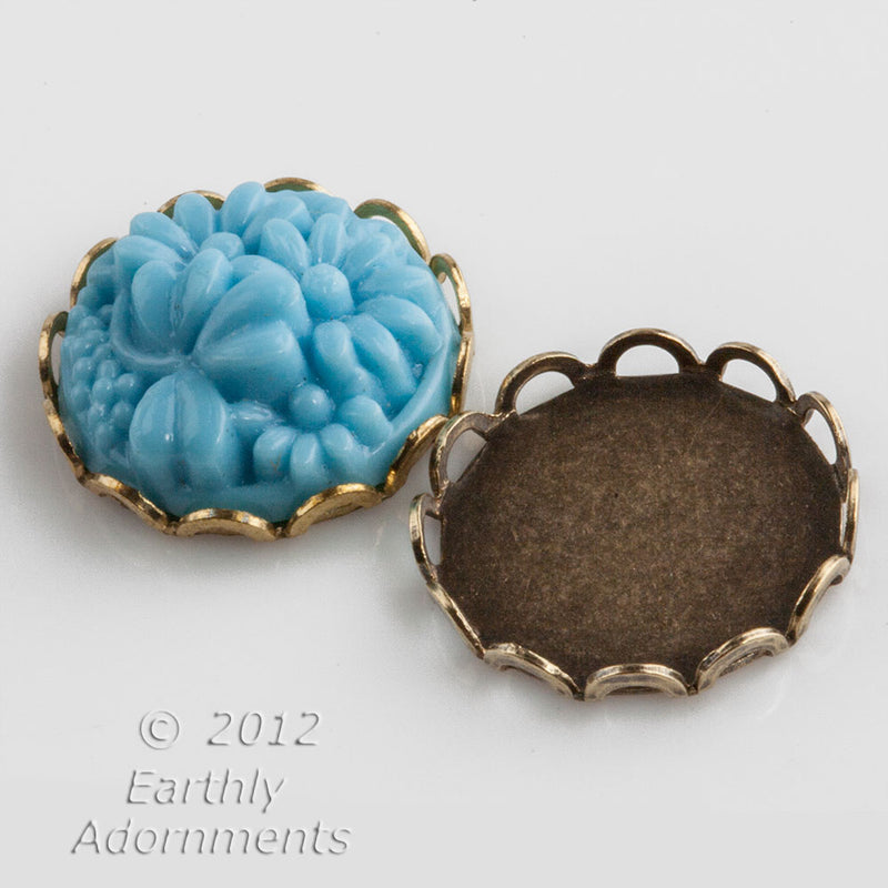 Oxidized brass lace edge setting for 15mm round flat back stone. Pkg. of 4.