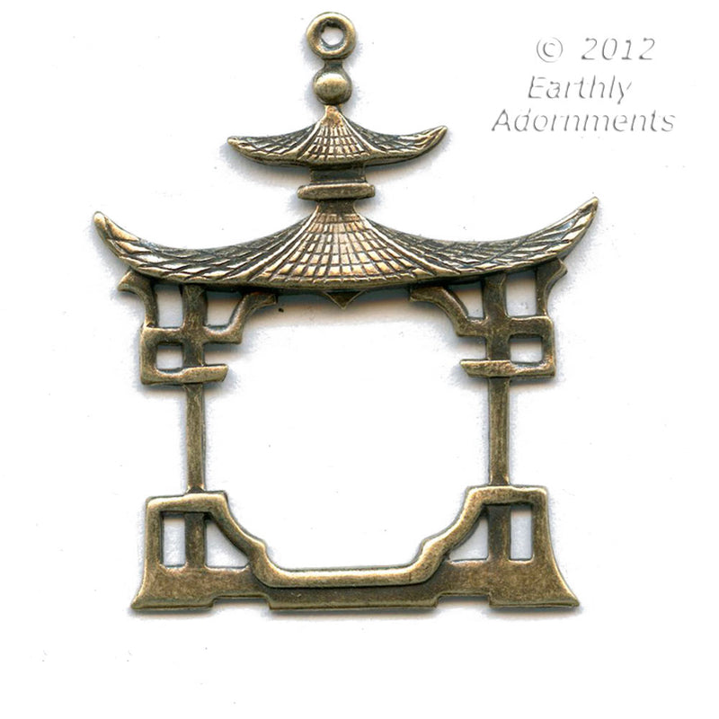 Oxidized brass Chinese pagoda stamping. 39x30mm 2 pc. 