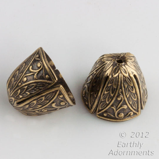 Antique finish gold plated brass embossed cone cap. 12x14 mm. 4 pcs. b9-2226