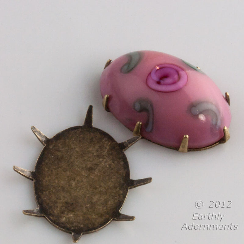 Oxidized brass 18x12mm oval flat back prong setting for cabochon. 4 pcs.