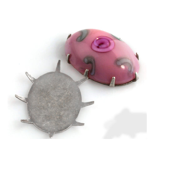 Silver plated brass 18x12mm oval flat back prong setting for cabochon. 4 pcs. b9-2232s