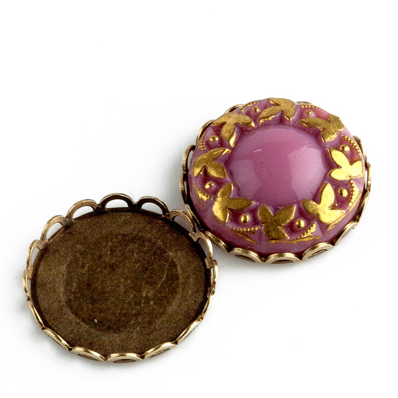 Oxidized brass flat back lace edge setting for 18mm round cabochon. Pkg 4. 
