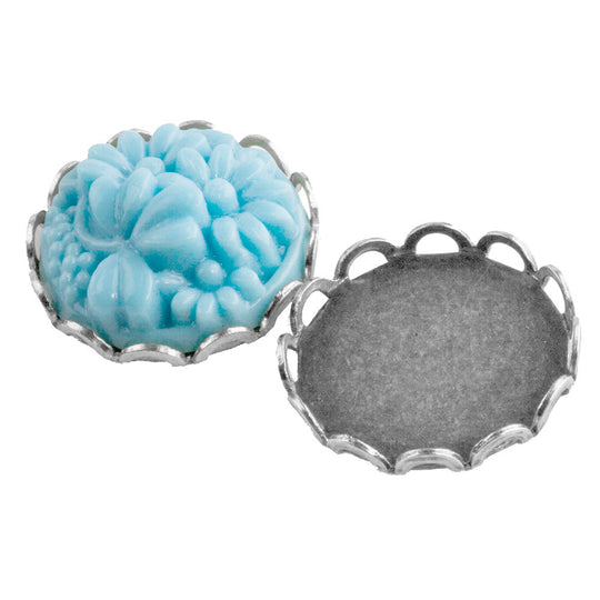 Silver plated brass lace edge setting for 15mm round flat back stone. Pkg. of 4. b9-2241s