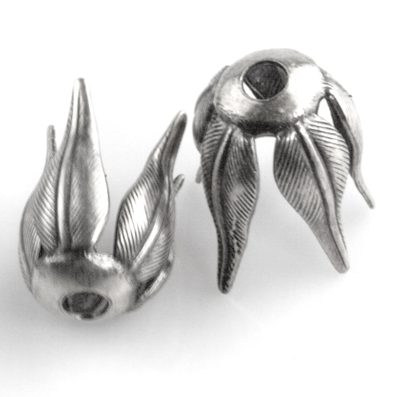 Sterling silver plated brass textured leaf style bead cap, 16mm, pkg of 2. 