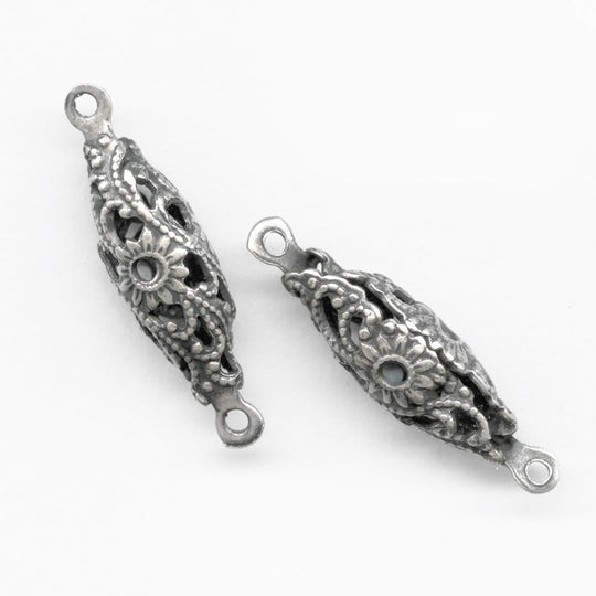 Sterling silver plated stamped brass filigree oval 2 ring connector beads.  Pkg of 4.  b9-2256S