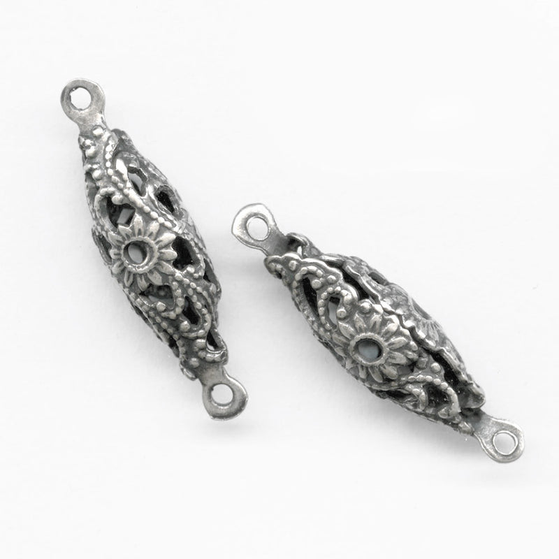 Sterling silver plated stamped brass filigree oval 2 ring connector beads.  Pkg of 4. 