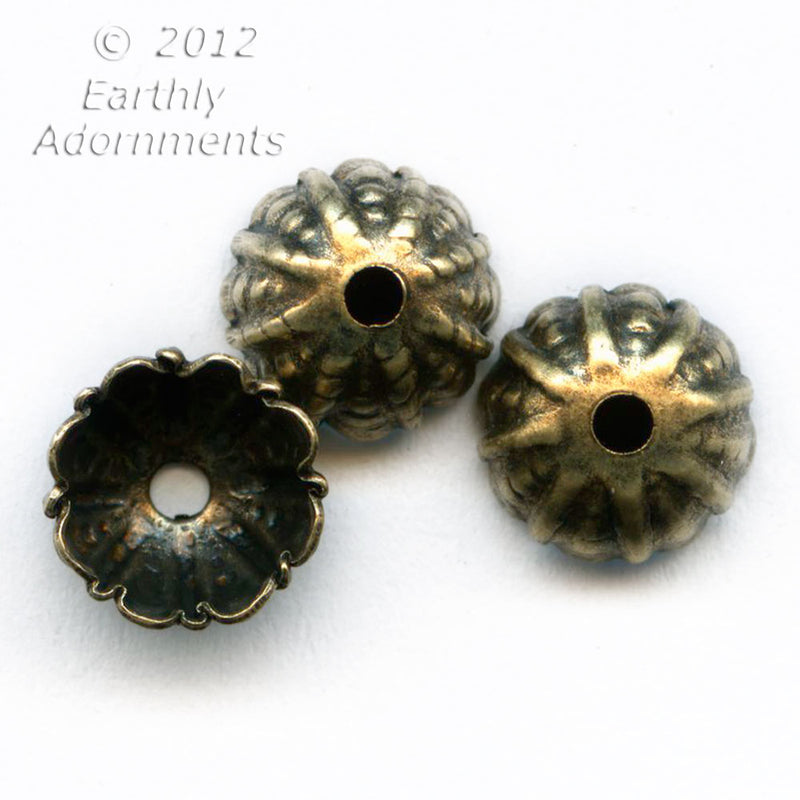 Oxidized brass fluted and textured 7mm bead cap. 12 pcs. 