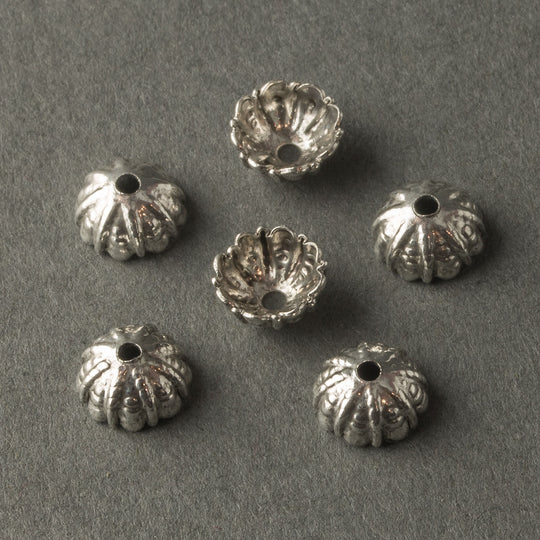 Sterling silver plated brass fluted and textured 7mm bead cap. 12 pcs. b9-2261s