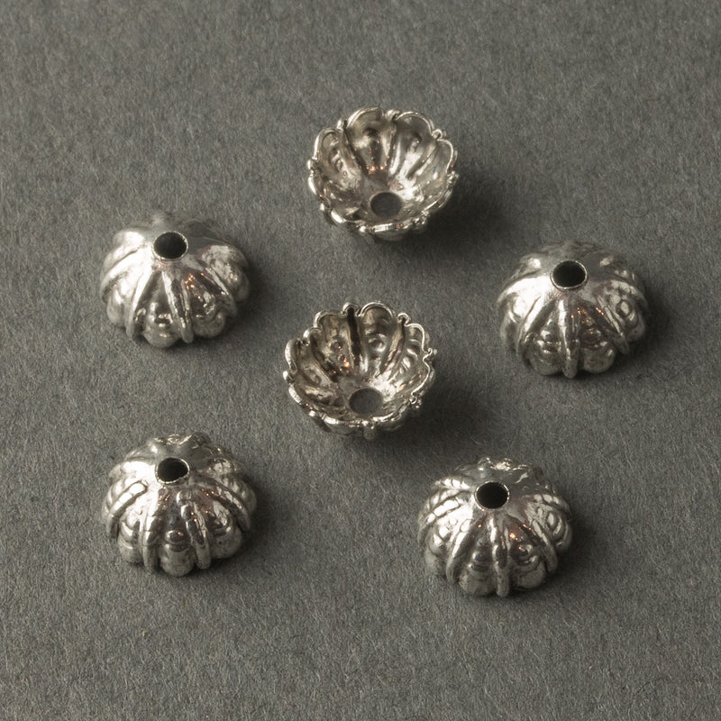 Sterling silver plated brass fluted and textured 7mm bead cap. 12 pcs.