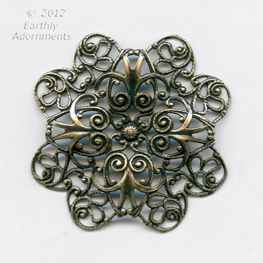 Oxidized brass stamped filigree pendant or wrap. 38mm. Sold individually. B9-2272