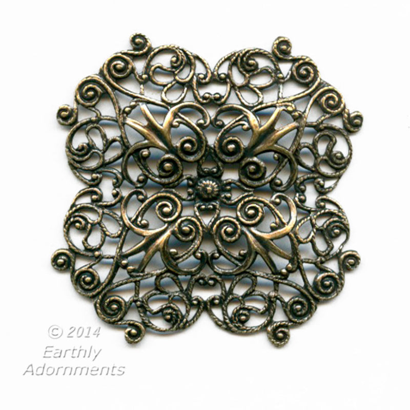 Oxidized brass stamped filigree pendant or wrap. 48mm. Sold
