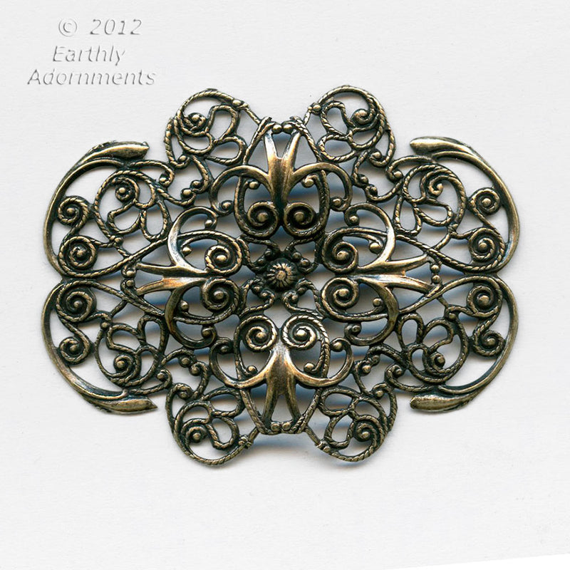 Oxidized brass stamped filigree pendant or wrap. 46 x 37mm. Sold individually. 