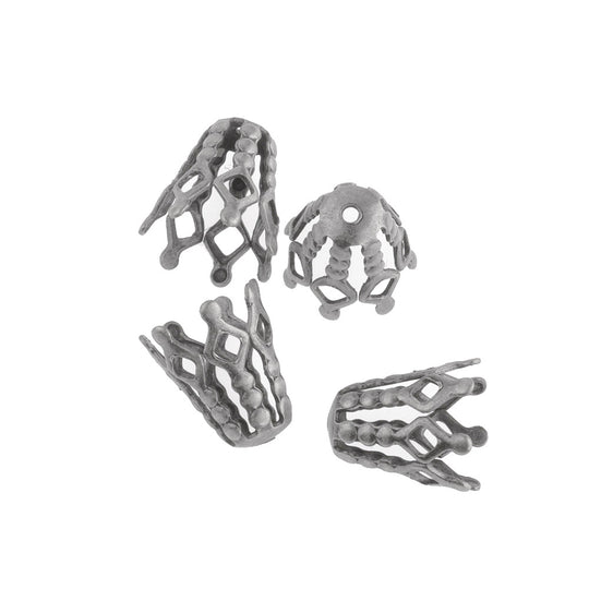 Silver plated brass filigree bead cap. 8mm at rim. 10mm long. Pkg. of 4. b9-2280-1s