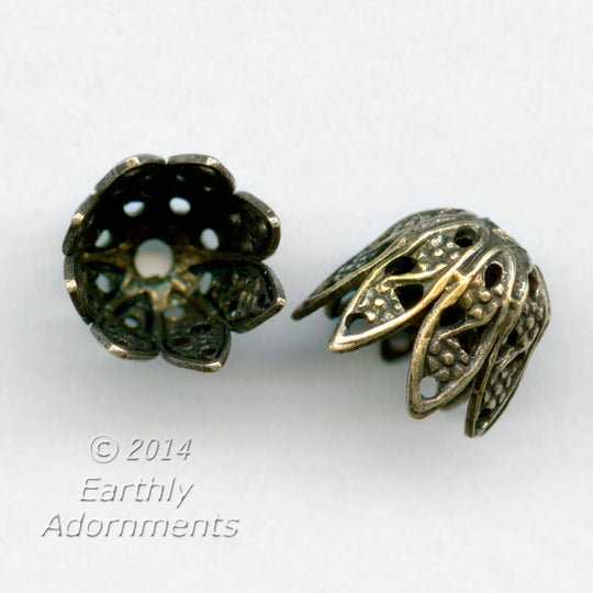Oxidized brass 8 petal filigree bead cap 7x8mm, pkg of 4. b9-2306