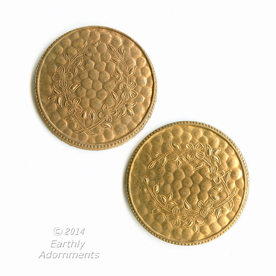 Textured brass disks with faint floral design. 22mm. Package of 2. b9-2342