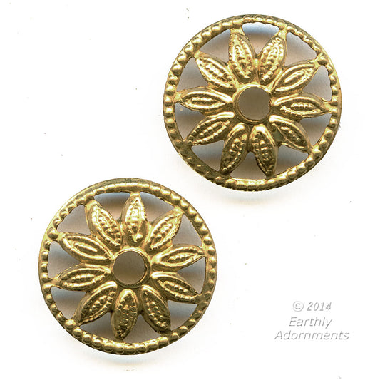 Vintage brass plated wheel connector with flower design. 13mm. Pkg. of 6. b9-2352