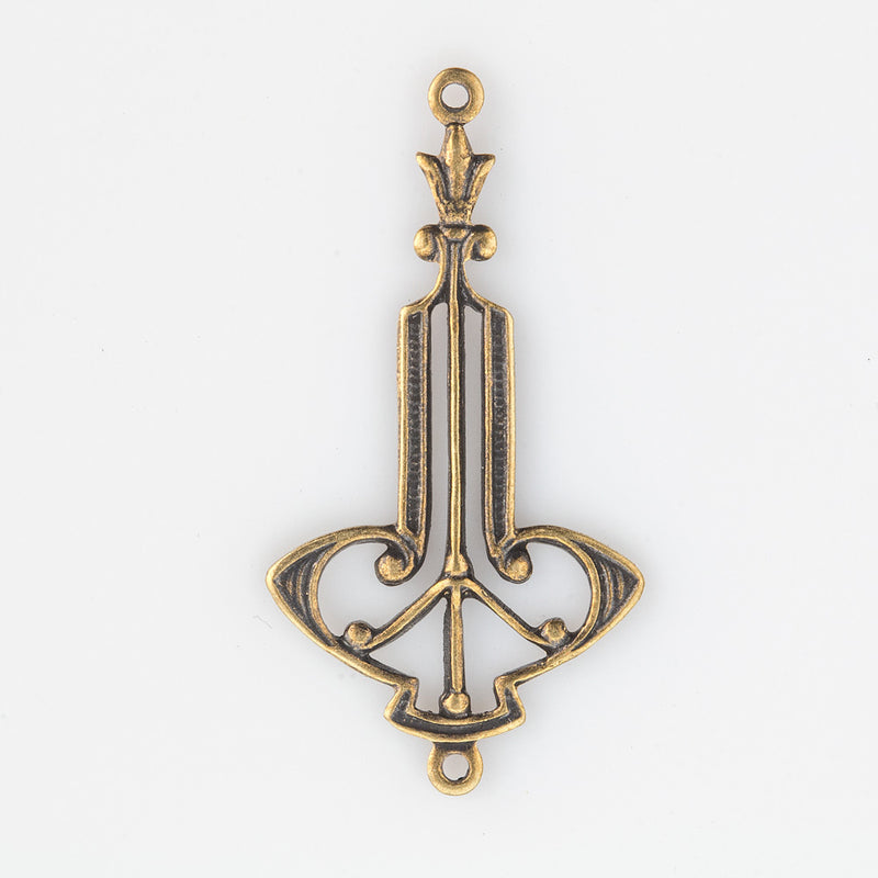 Art Nouveau style stamped oxidized brass pendant or connector. 28x15mm. Package of 4.