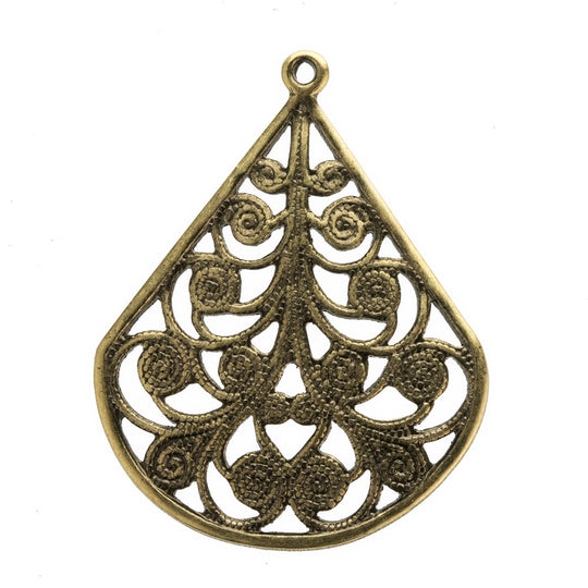 Oxidized brass stamped filigree teardrop shaped pendant. 1 ring. 28x22mm. Pkg of 2. b9-2427(e)
