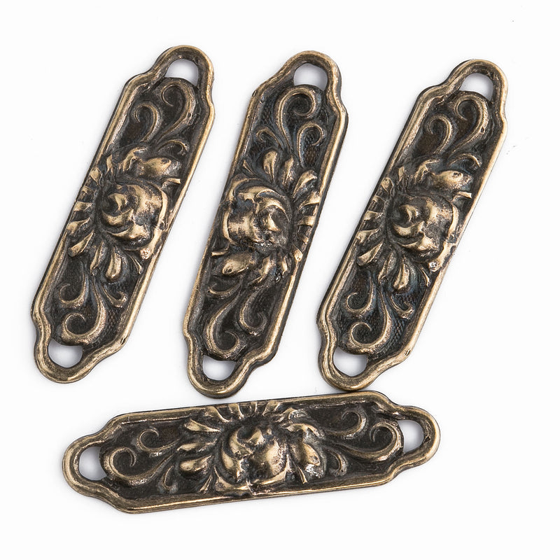 Stamped oxidized brass fancy flat 2-ring connector or bail. 17x7mm. Pkg of 4 b9-2449