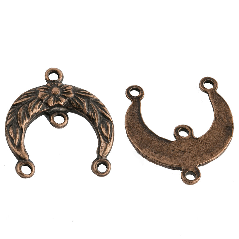 Vintage, Antiqued Copper-Plated Cresent-Shaped Brass 4 Ring Chandelier Connector. Floral design on front. Solid smooth back. 16x14mm. Package of 2. b9-2476