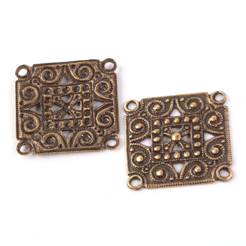 Vintage oxidized brass 4-ring stamping.  23mm square. Pkg. 2. 