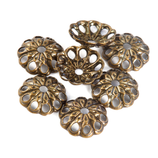 Vintage oxidized solid brass stamped ornate 10 petal 6mm bead cap.  Pkg.20.  b9-2499
