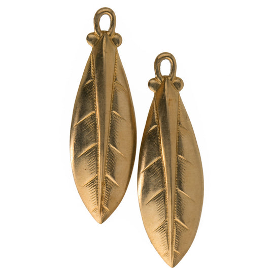 Large stamped raw brass leaf pendant. 44mm Pkg. of 2. b9-0536(e)