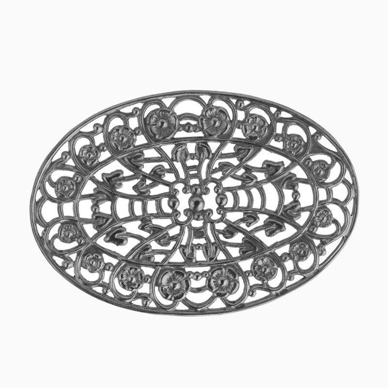 Vintage silver plated steel filigree ornament 56x39mm. Pkg. of 1.
